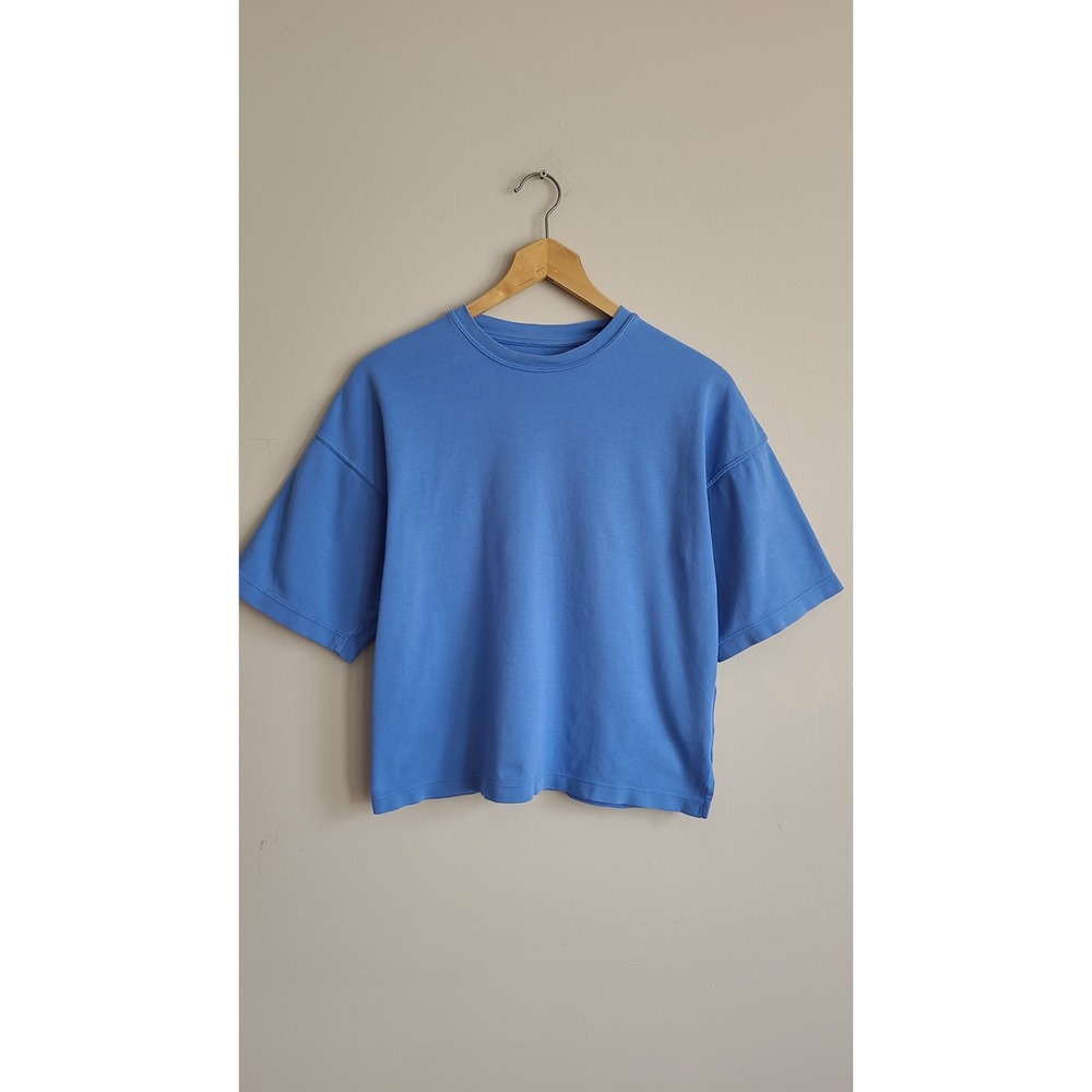 C&A Blue 100% Cotton Boxy T-Shirt Womens Small Dropped Shoulder Crew Neck Tee